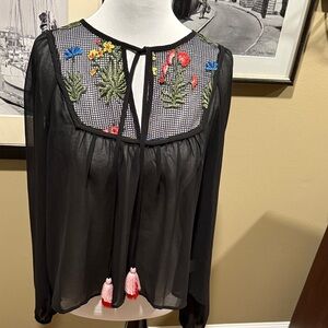 re:named Sheer Black Blouse with Colorful Embroidered Floral Details
